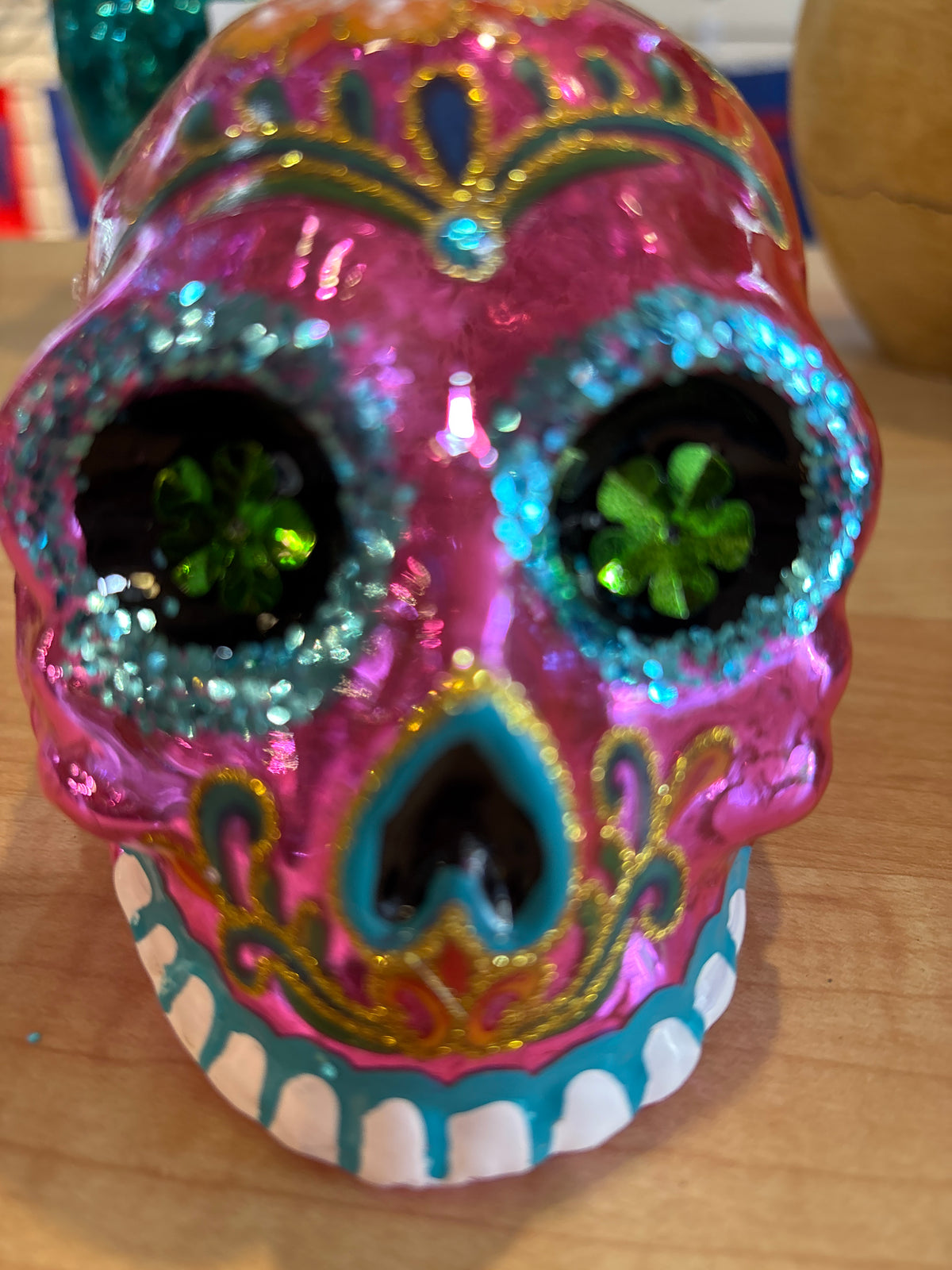SHINY SUGAR SKULL ORN, 4 ASST, GLASS, 3.5'