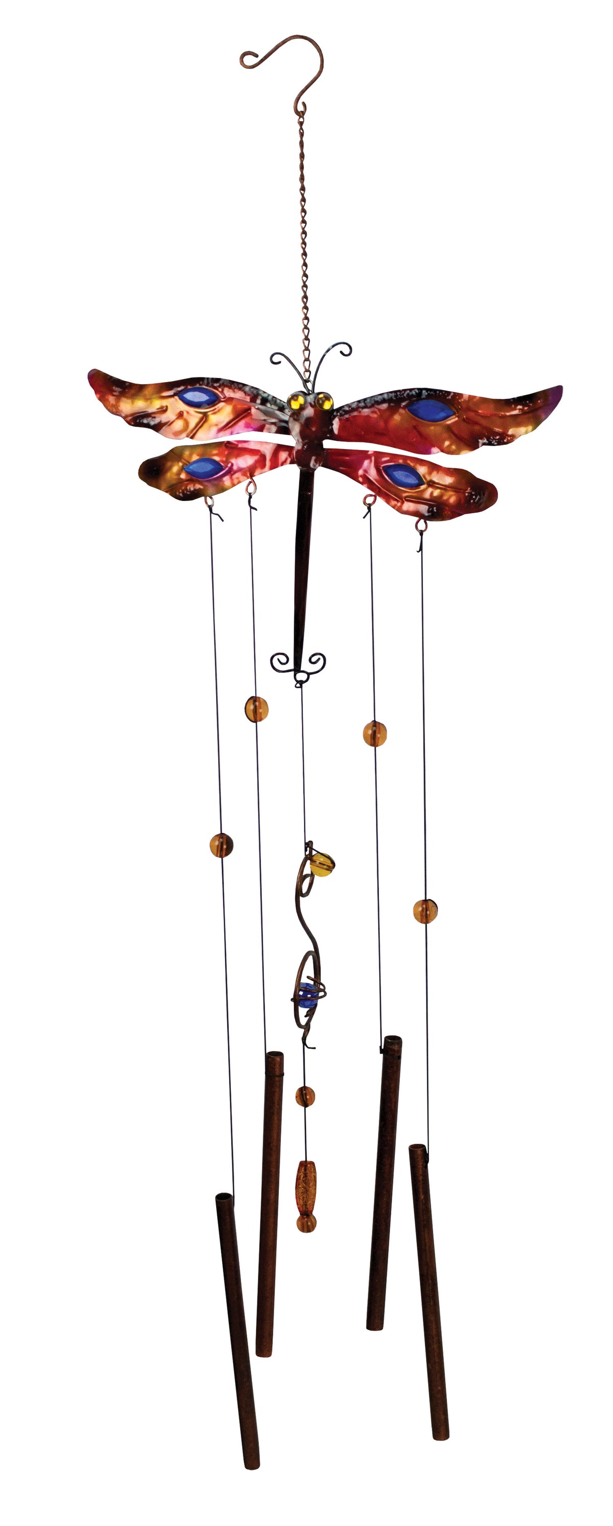 Red Dragonfly Wind Chime with Glass Gems and Copper Tubes