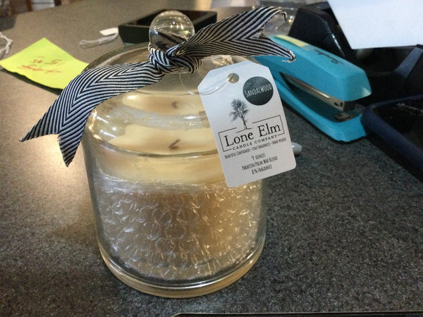 Lone Elm sandalwood candle under glass