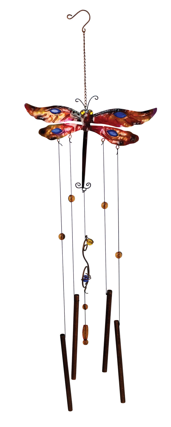 Red Dragonfly Wind Chime with Glass Gems and Copper Tubes