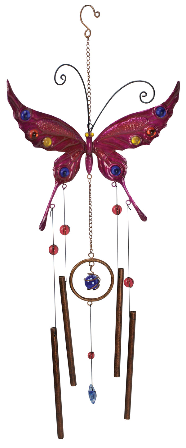 Pink Butterfly Wind Chime with Glass Beads and Copper Tubes