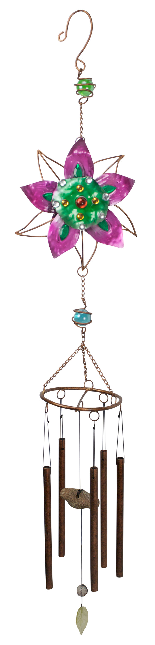 Pink and Green Flower Wind Chime with Glass Gems and Copper Tubes