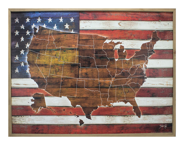 USA Map on American Flag Framed Wood Print