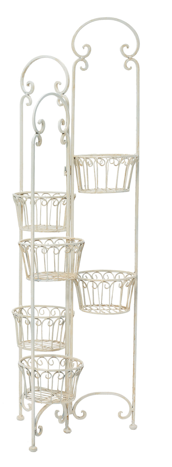Folding Planter Stand - White Wrought Iron with 5 Baskets
