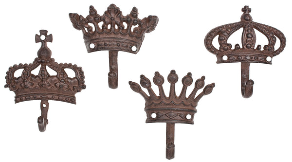 Cast Iron Crown Wall Hooks - Set of 4 Assorted Designs
